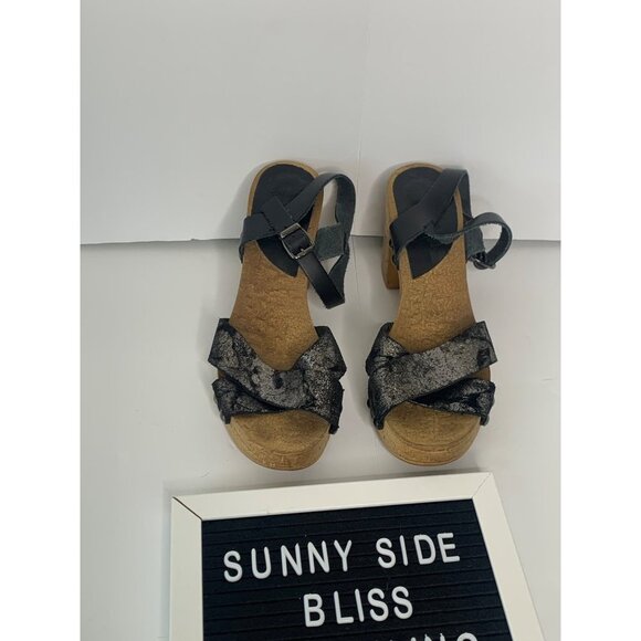 Porronet Black Sparkle Leather Cork Wedge Heels Size 8 - Picture 2 of 13